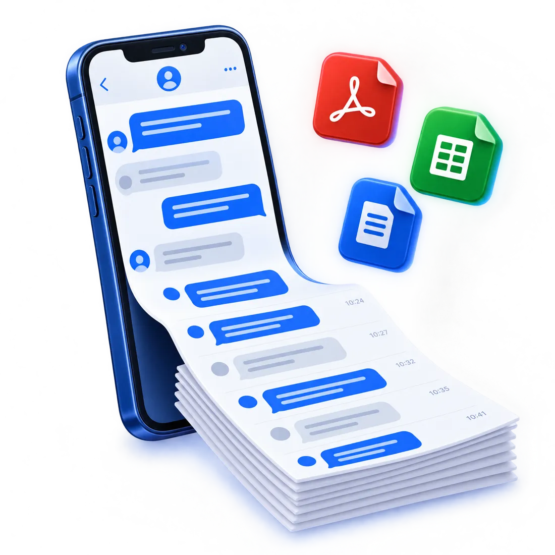 An iPhone chat turning into PDF, Excel and Word files